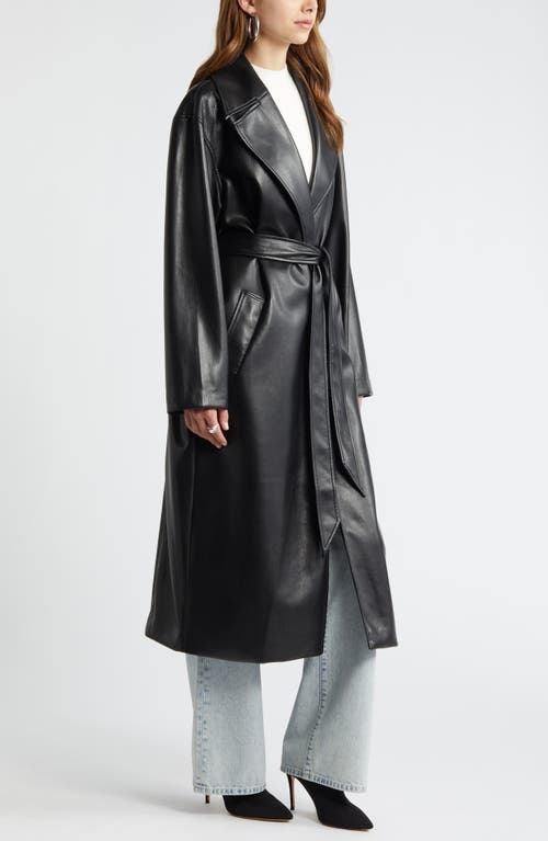 Open Edit Faux Leather Trench Coat In Black