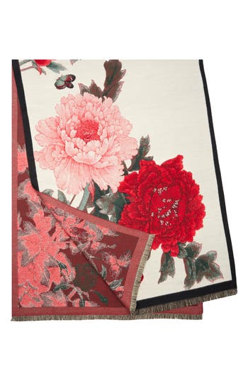 Saachi Floral Reversible Scarf In Medium Beige