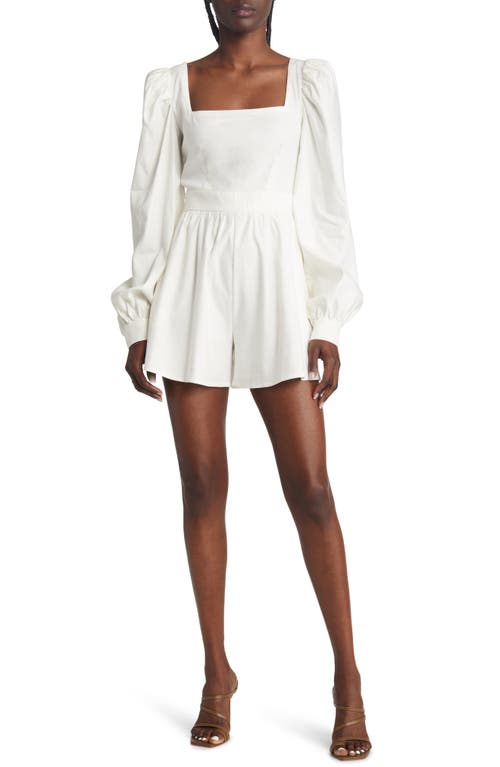 Chelsea28 Square Neck Long Sleeve Linen Blend Romper in White Opal