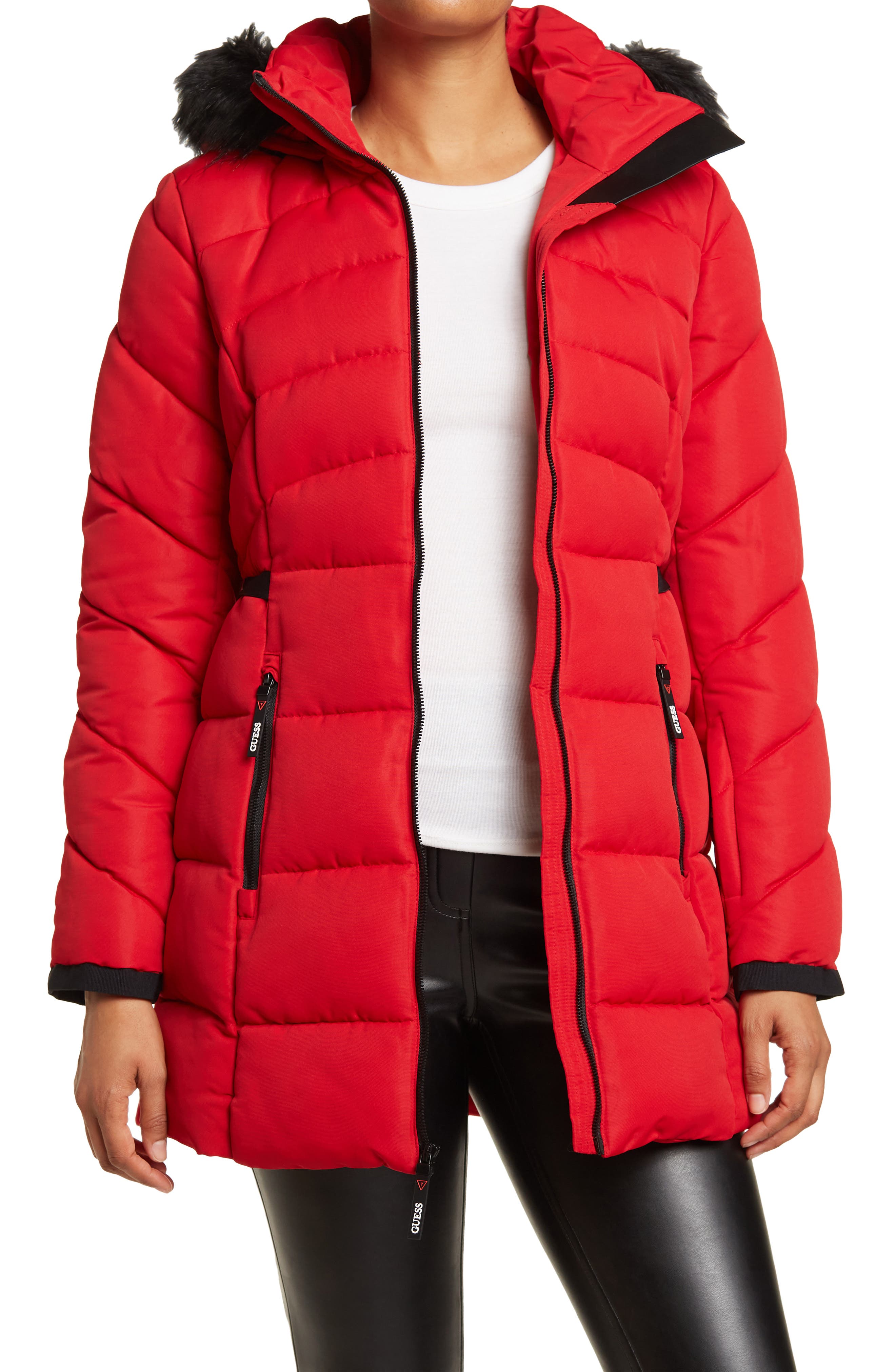 guess puffer coat with faux fur hood