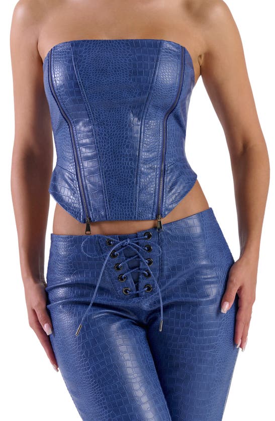 Shop Naked Wardrobe Croc Embossed Lace-up Back Faux Leather Corset In Dark Blue