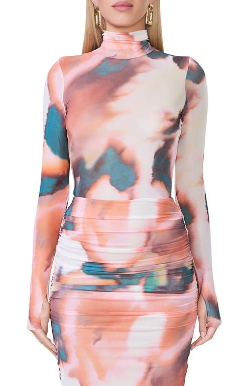 Afrm Zadie Print Turtleneck Mesh Top In Spice Watercolor