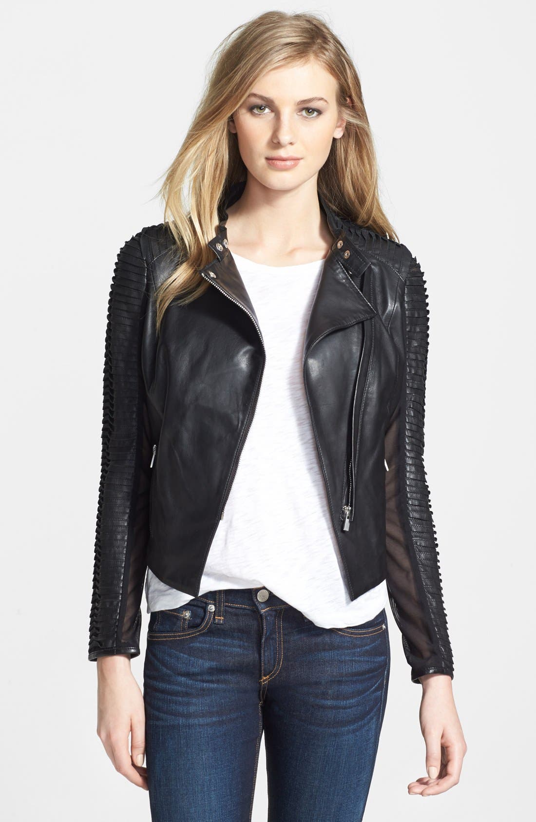 LaMarque Stripe Sleeve Detail Leather Jacket Nordstrom