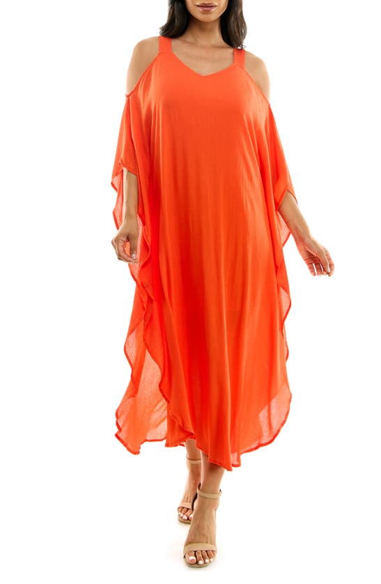 Nina Leonard Gauze Long Sleeve Cold Shoulder Dress In Orange