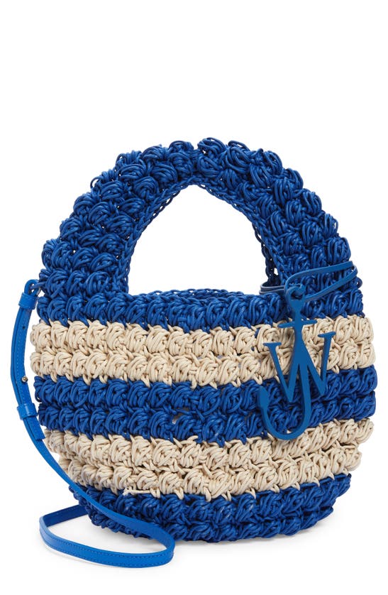 Jw Anderson Popcorn Crocheted Cotton Basket Bag In Blue/ Off White