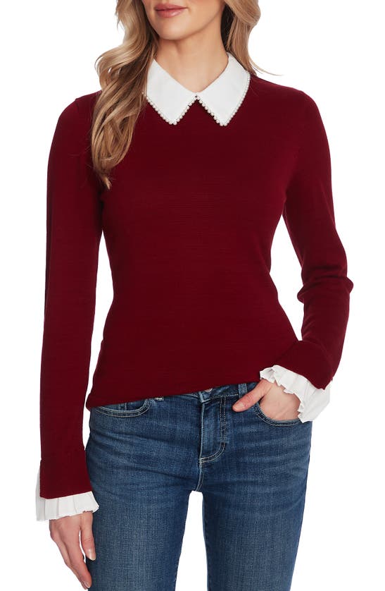 Cece Imitation Pearl Peter Pan Collar Cotton Sweater In Rich Cabernet