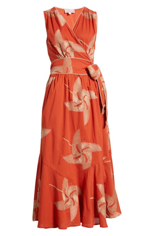 Shop Ciebon Kaiden Embroidered Tie Belt Maxi Wrap Sundress In Terracotta/flax