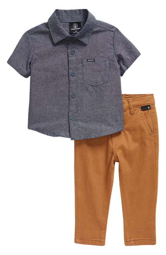 Shop Volcom Stripe Short Sleeve Button-up Shirt & Chinos Set In Blue