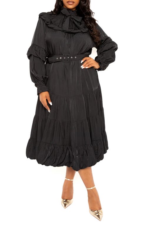 Belted Bubble Hem Long Sleeve Midi Dress in Black