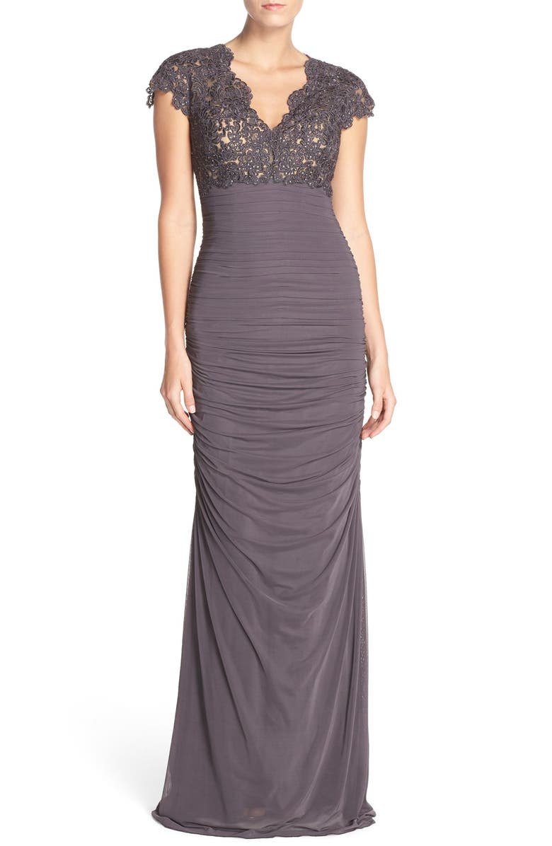 La Femme Embellished Lace & Ruched Jersey Gown | Nordstrom