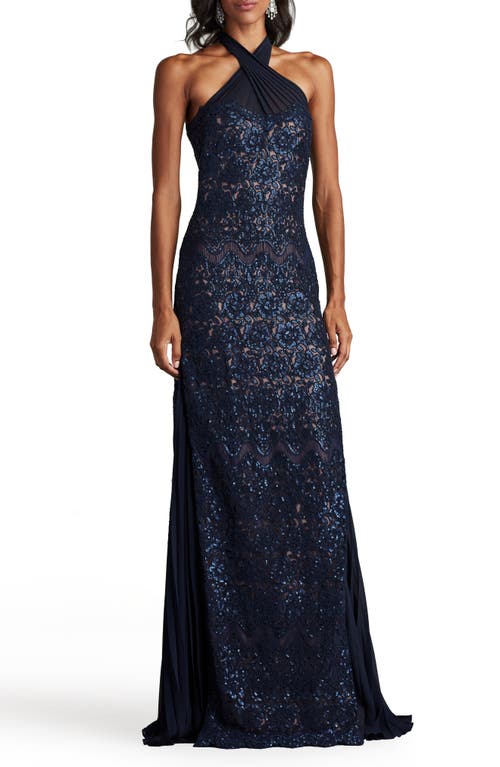 Sequin Embellished Halter Neck Gown in Royal Navy/Nude