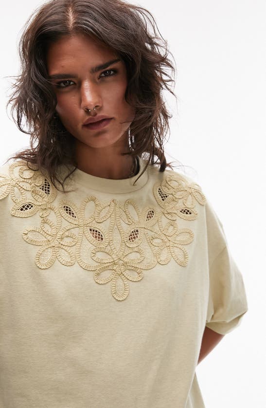 Shop Topshop Oversize Embroidered Cotton T-shirt In Beige