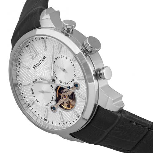 Heritor Automatic Men's Arthur Semi-skeleton Leather-band Watch With Day And Date - Silver In Silver