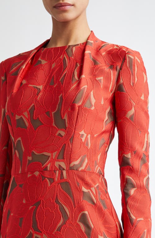 Shop Emilia Wickstead Seneca Burnout Floral Jacquard Long Sleeve Fit & Flare Dress In Red On Beige