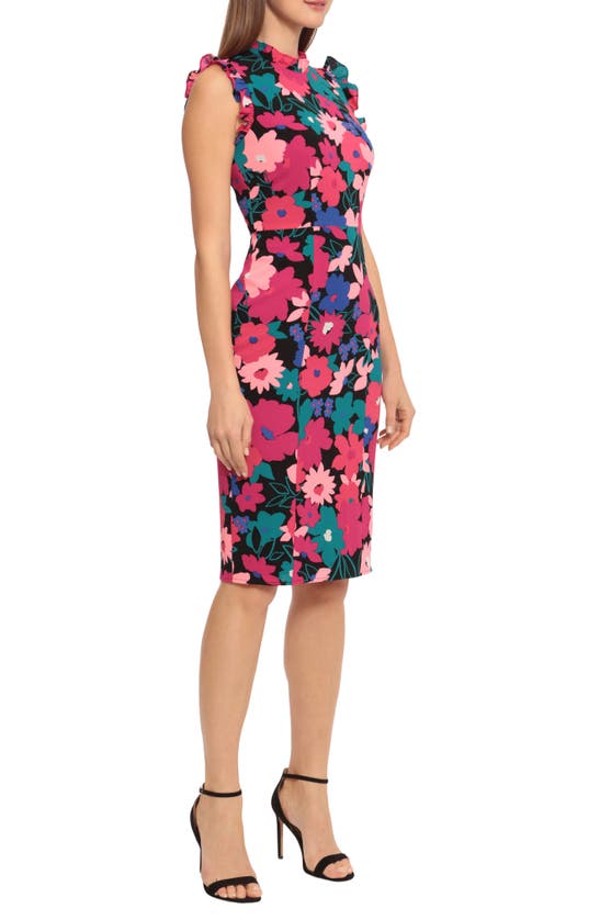 Maggy London Floral Print Ruffle Sheath Dress In Black/ Bright Rose ...