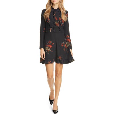 Red Valentino Ruffle Floral Print Long Sleeve Minidress, US / 42 IT - Black
