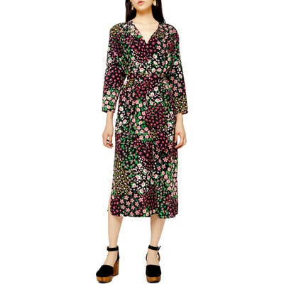 Topshop Long Sleeve Belted Floral Midi Dress, US (fits like 10-12) - Black