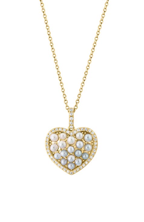 14K Gold Diamond & Freshwater Pearl Heart Pendant Necklace - 0.12ct.