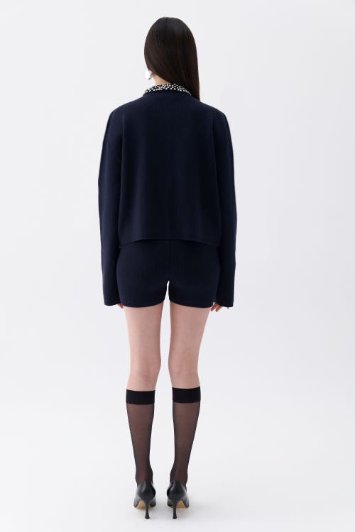 Shop Nocturne Shiny Stone Collar Cardigan In Navy Blue