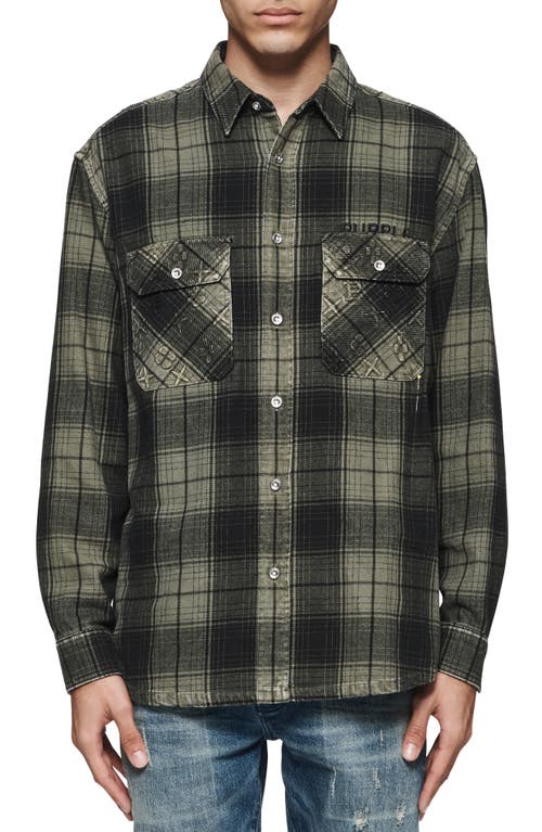 PURPLE BRAND Oversize Plaid Flannel Button-Up Shirt in Green
