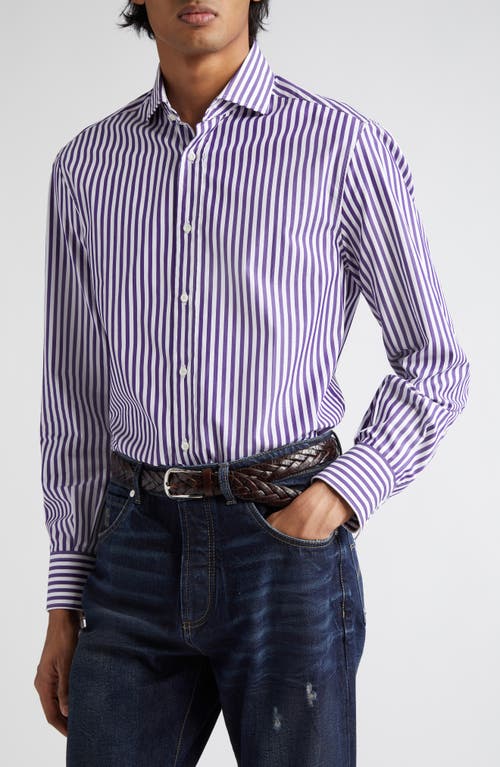 Brunello Cucinelli Basic Fit Stripe Button-Up Shirt White /Purple at Nordstrom,
