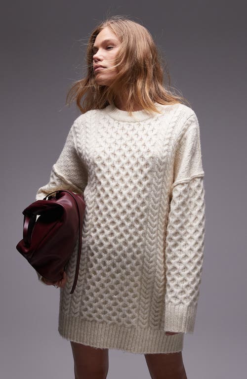 Shop Topshop Long Sleeve Cable Stitch Mini Sweater Dress In Ivory