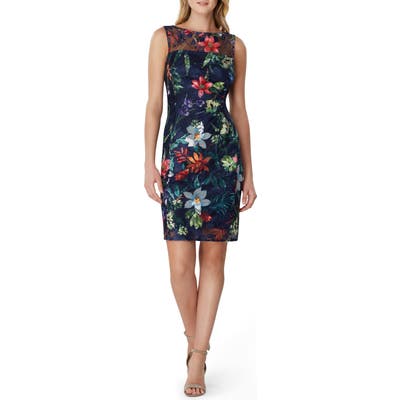 Petite Tahari Sleeveless Floral Embroidered Sheath Dress, Blue