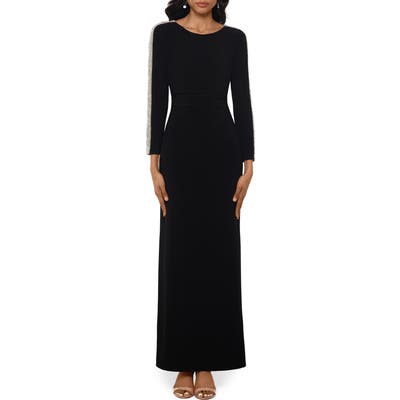 Xscape Caviar Bead Long Sleeve Evening Gown, Black