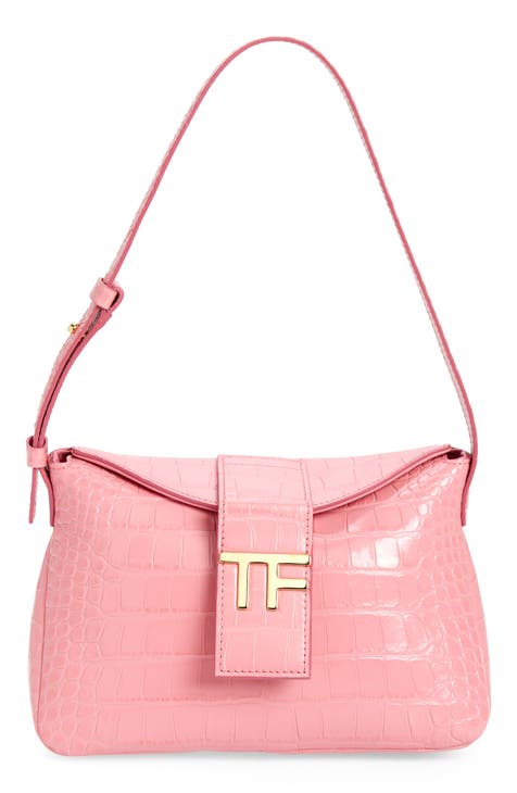 Small hobo bag, Velvet & gold-tone metal, pink — Fashion