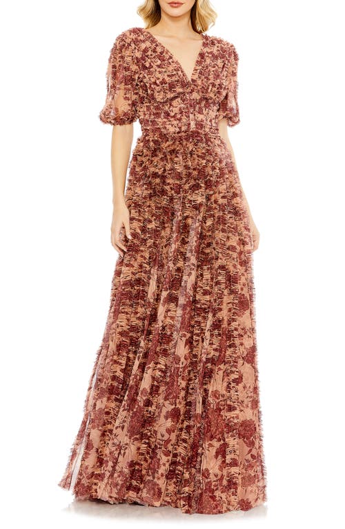 Shop Mac Duggal Floral Ruffle V-neck Gown In Burgundy/beige