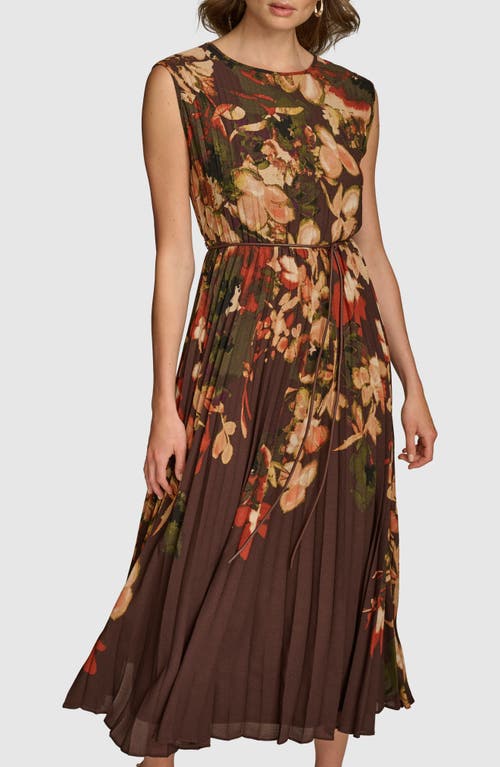 Shop Donna Karan New York Floral Sleeveless Pleated Midi Dress In Bark Multi