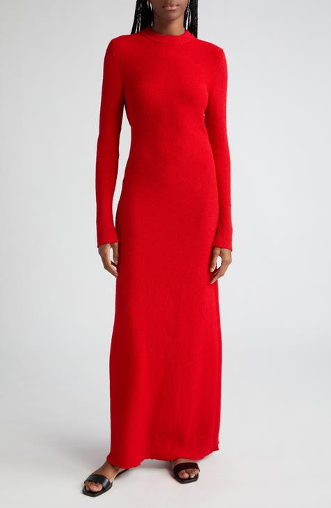 RALPH LAUREN Womens Red Ribbed Fitted Unlined Long Sleeve Crew Neck Above  The Knee Sweater Dress M 