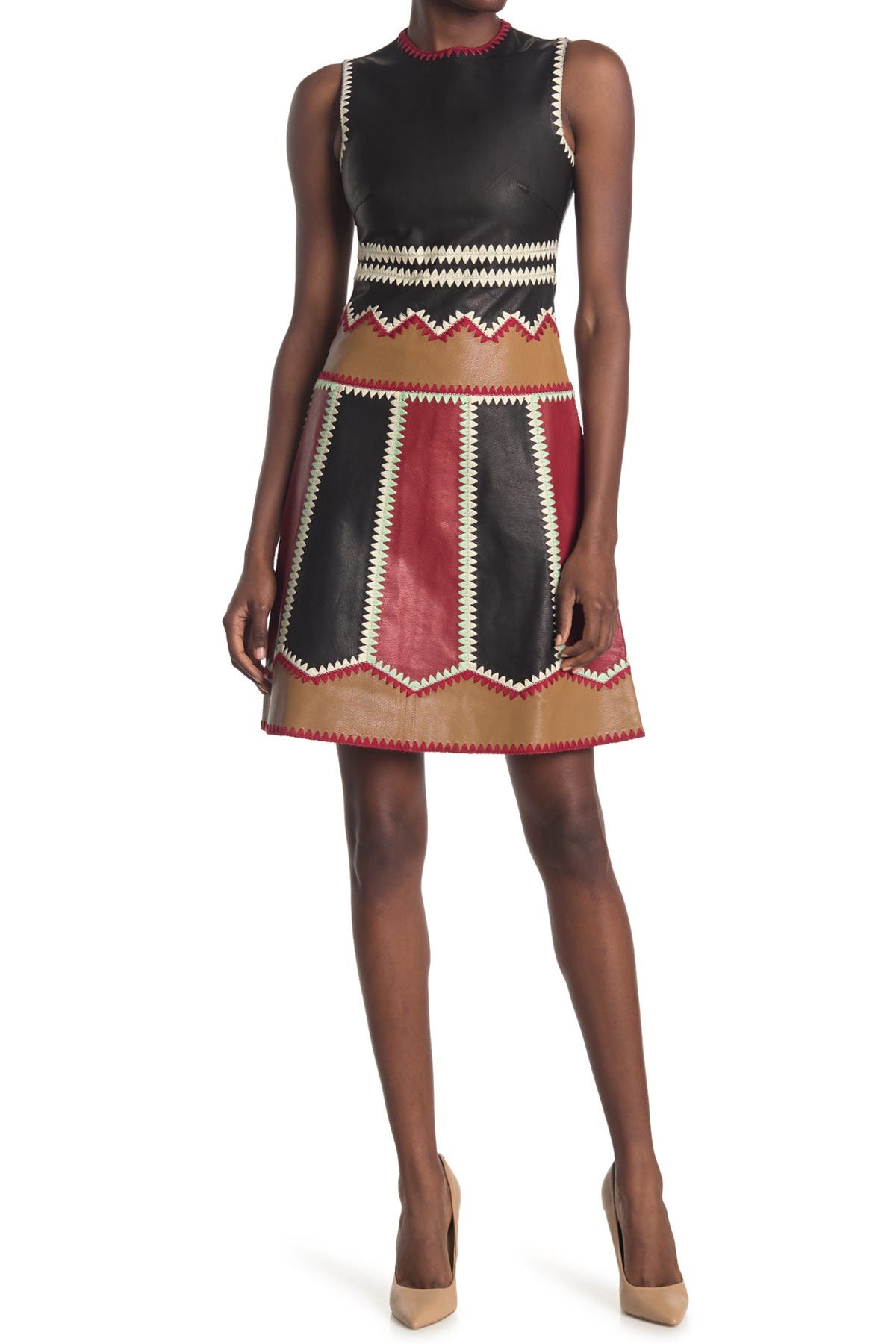 Red Valentino Geometric Embroidered Leather Dress In Nero/beige/cherry |  ModeSens