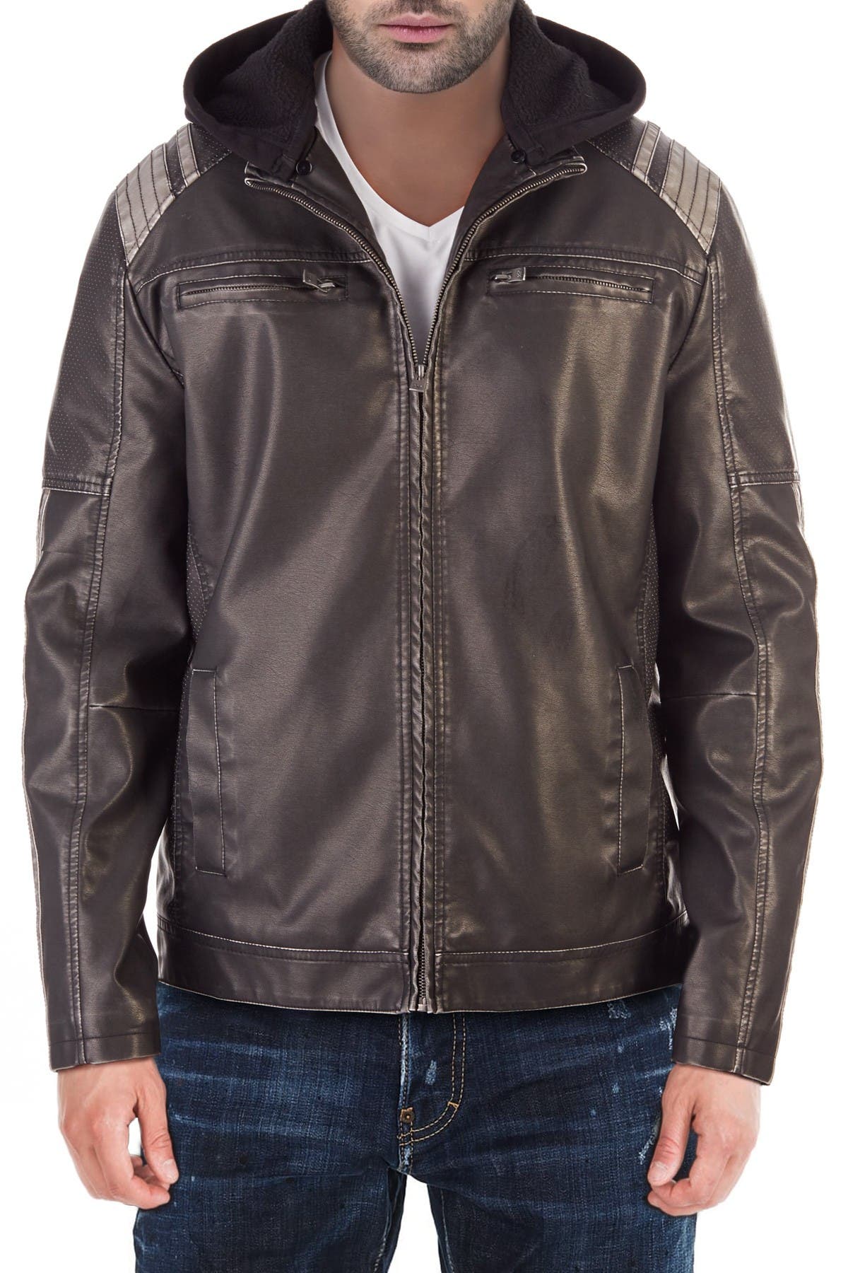 hooded faux leather moto jacket