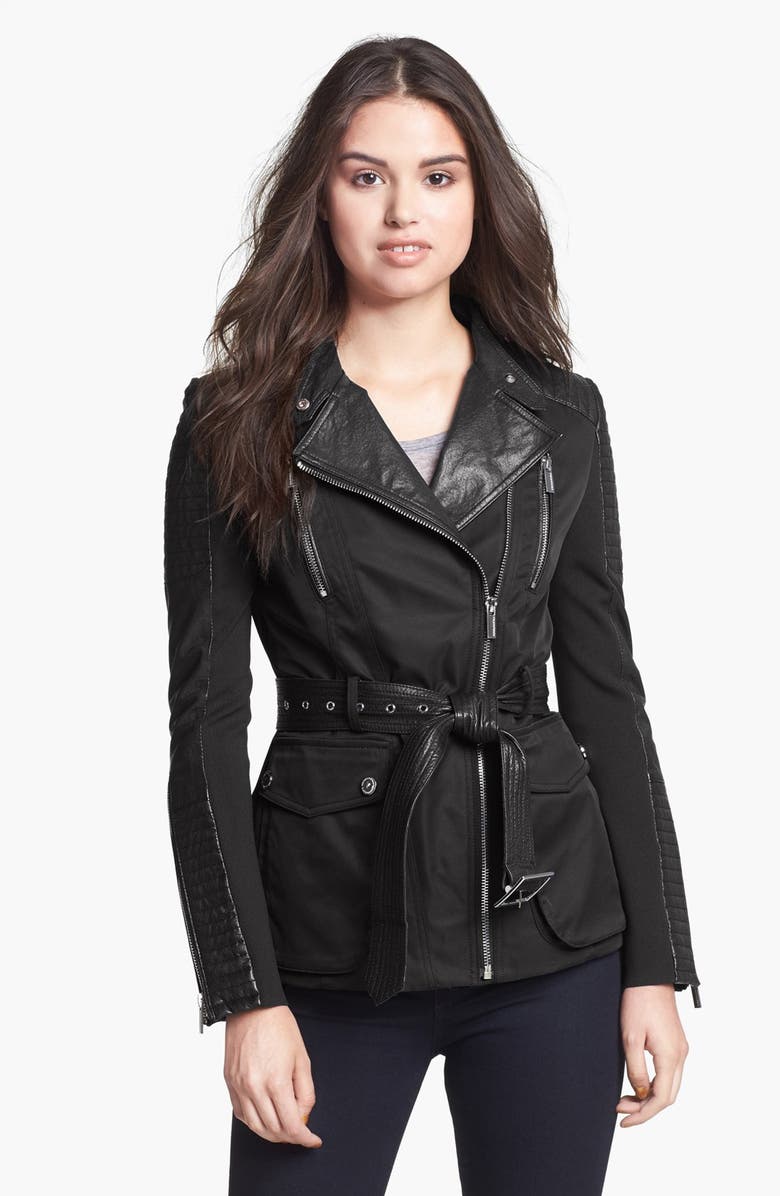 BCBGMAXAZRIA Leather Trim Asymmetrical Belted Jacket | Nordstrom