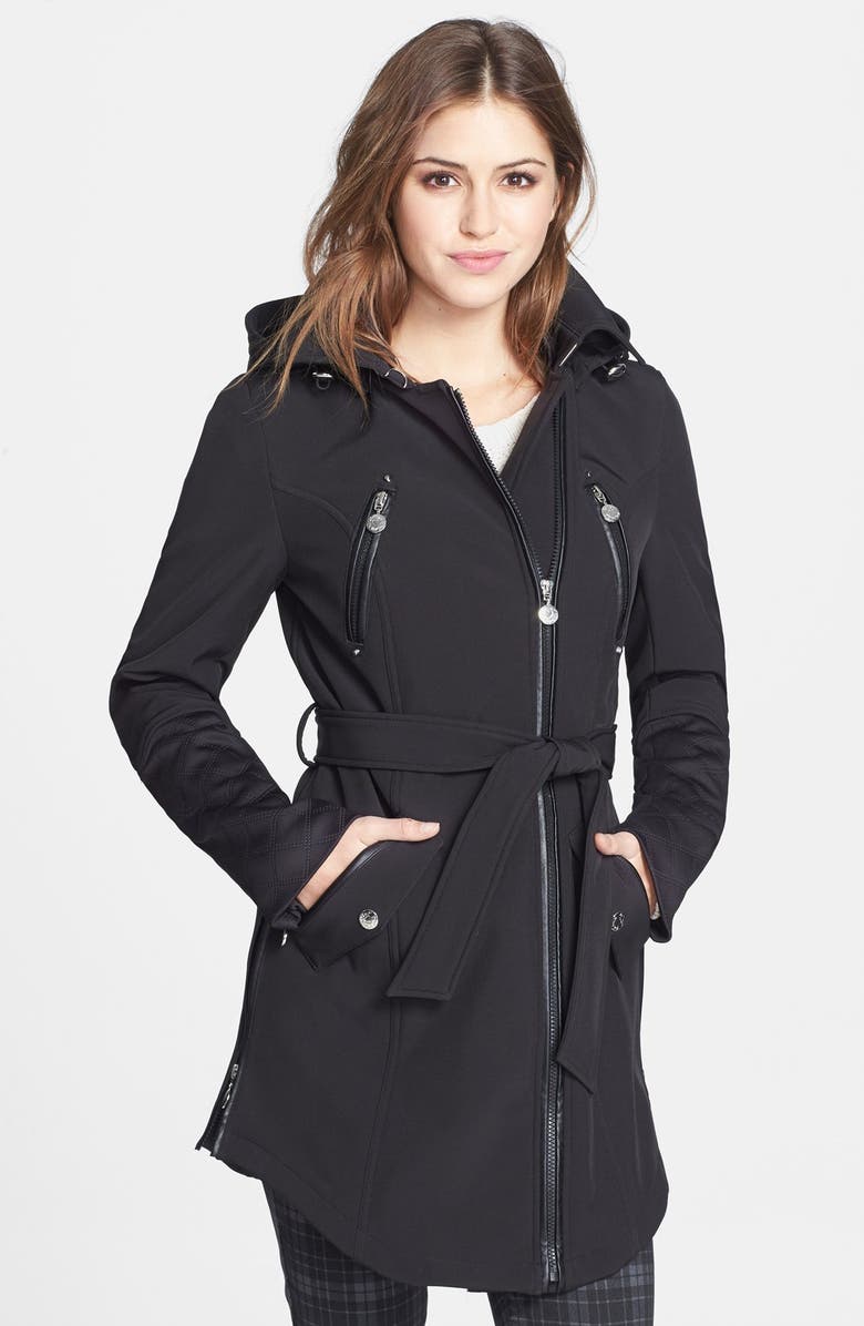 Betsey Johnson Faux Leather Trim Soft Shell Jacket with Removable Hood ...