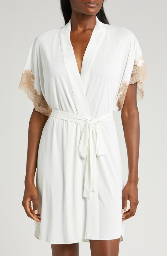 Shop Natori Thalia Lace Appliqué Short Sleeve Robe In Ivory