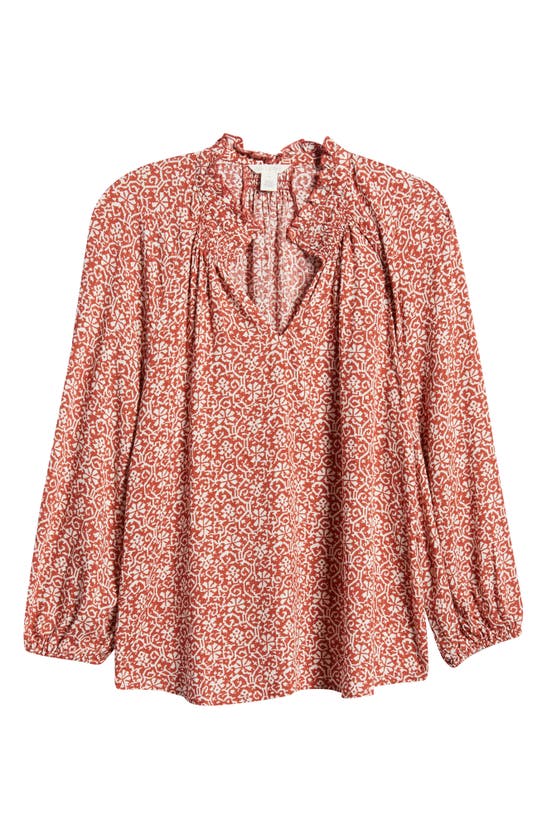 Caslon Floral Print Split Neck Shirt In Rust- Ivory Ikat Bloom