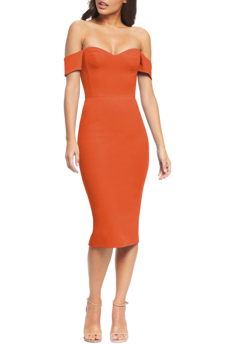 DRESS THE POPULATION Bailey Off the Shoulder Body-Con Dress, Main, color, POPPY