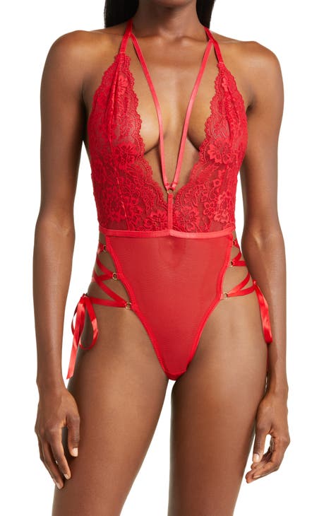 Lace Plunge Teddy - Candy red