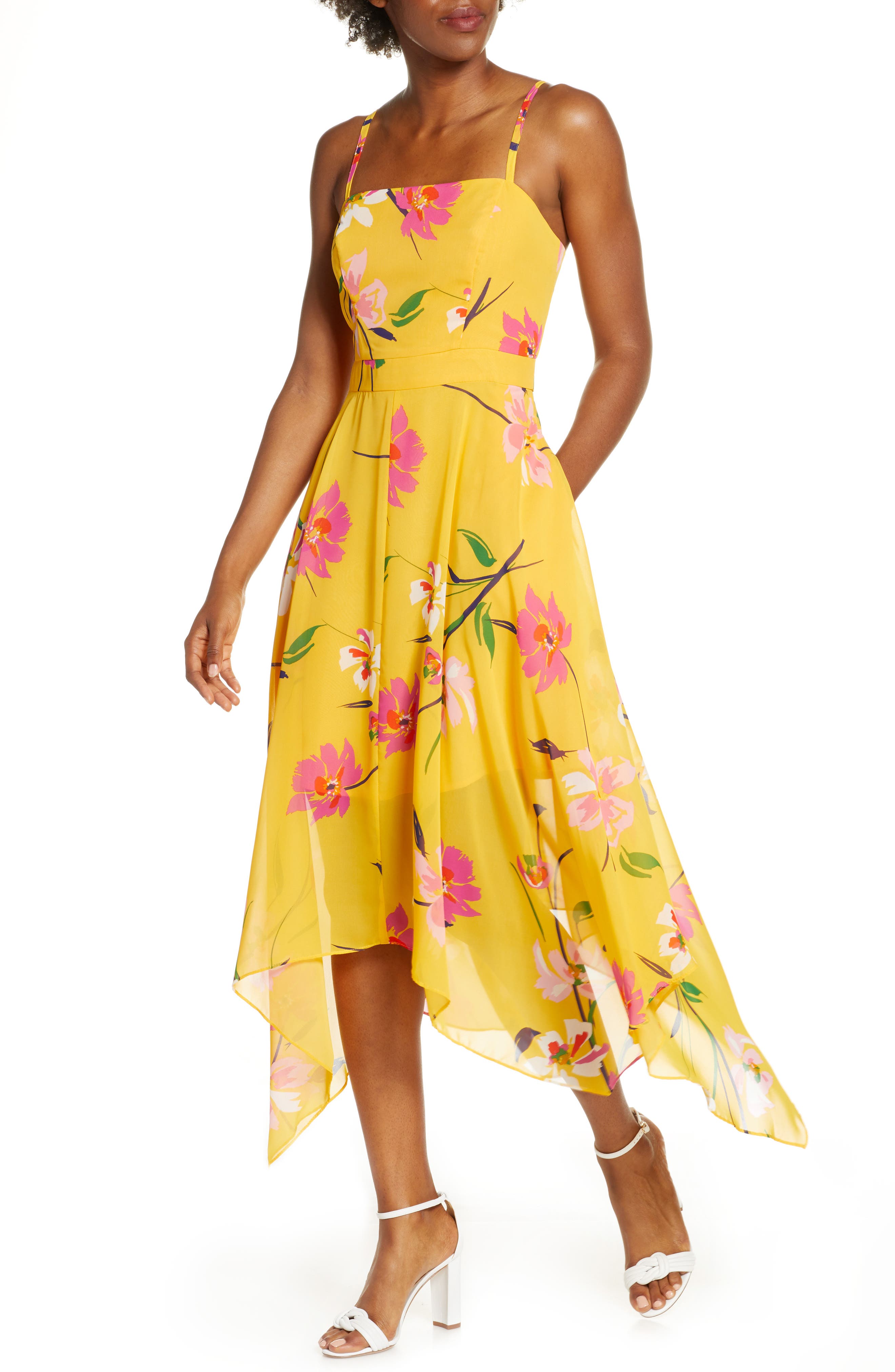 Vince Camuto Floral Chiffon Midi Sundress, Yellow