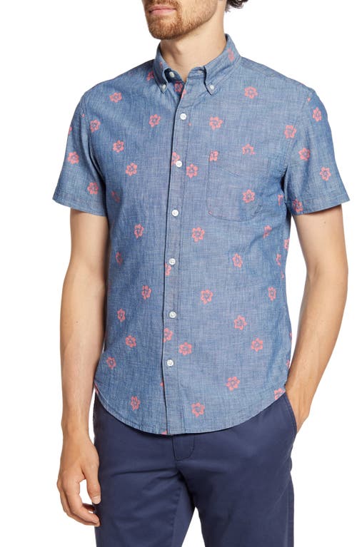 Slim Fit Floral Short Sleeve Button-Down Chambray Shirt in Cambray Chill Floral