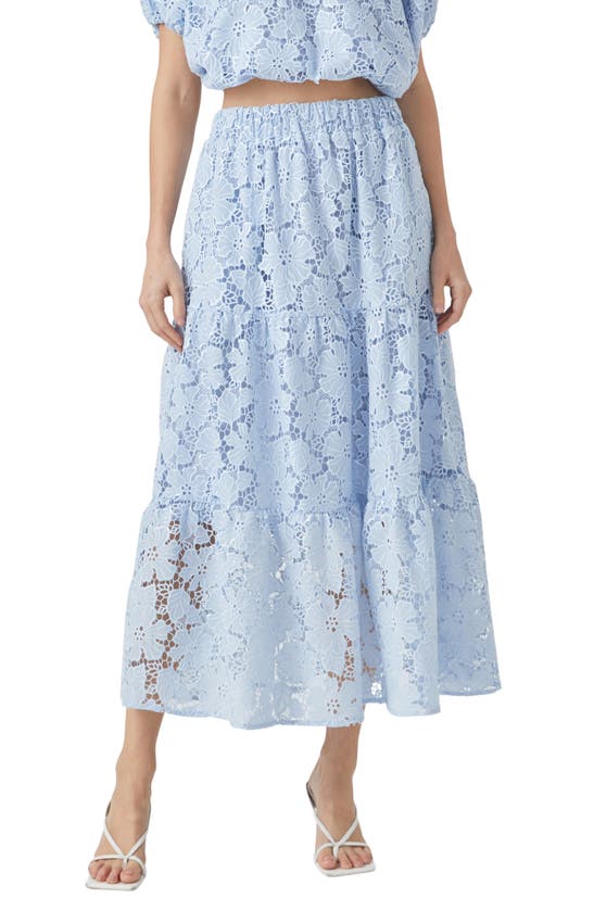 Shop Endless Rose Tiered Sequin Lace Maxi Skirt In Powder Blue