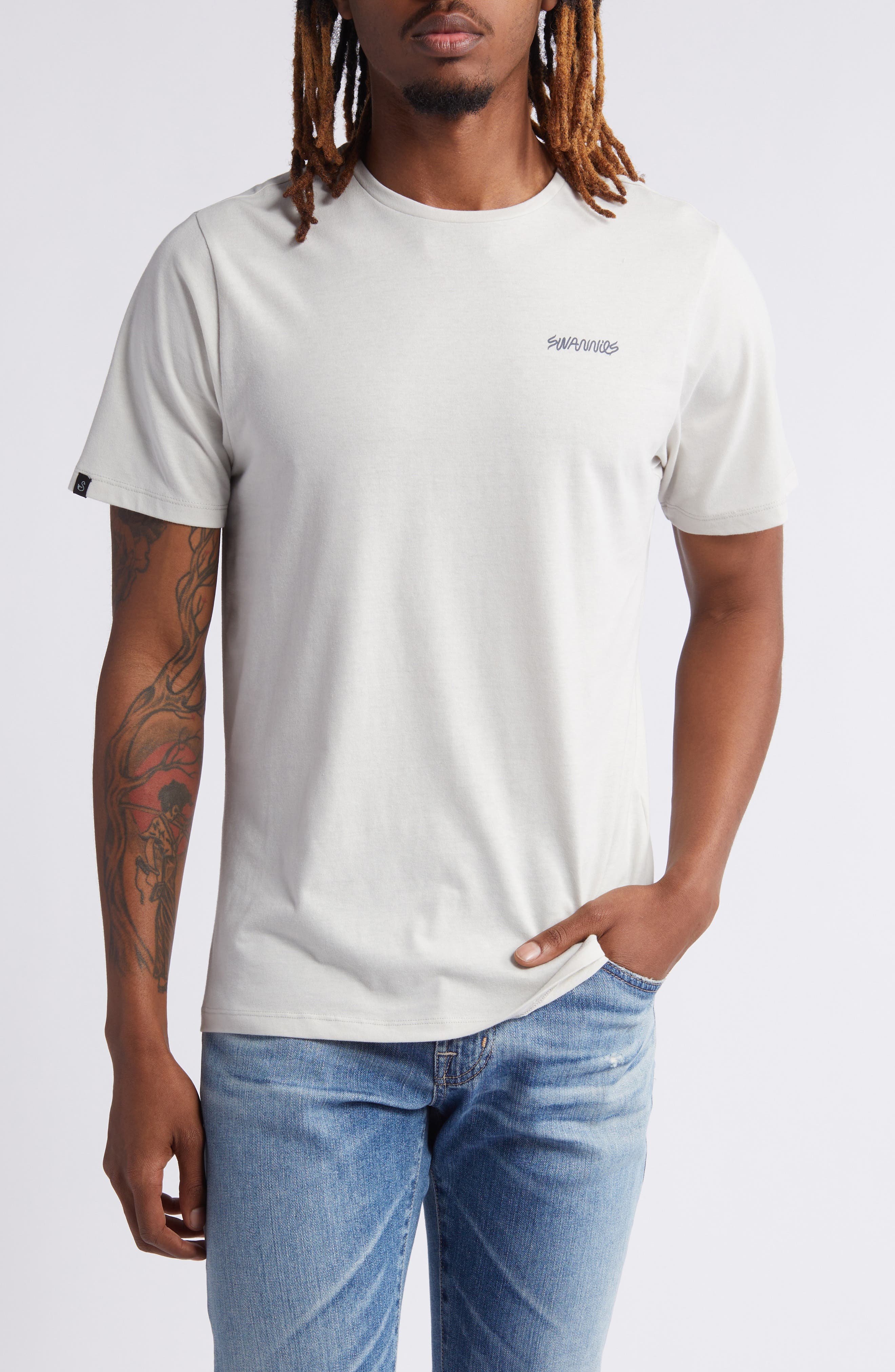 red grey and white graphic tee