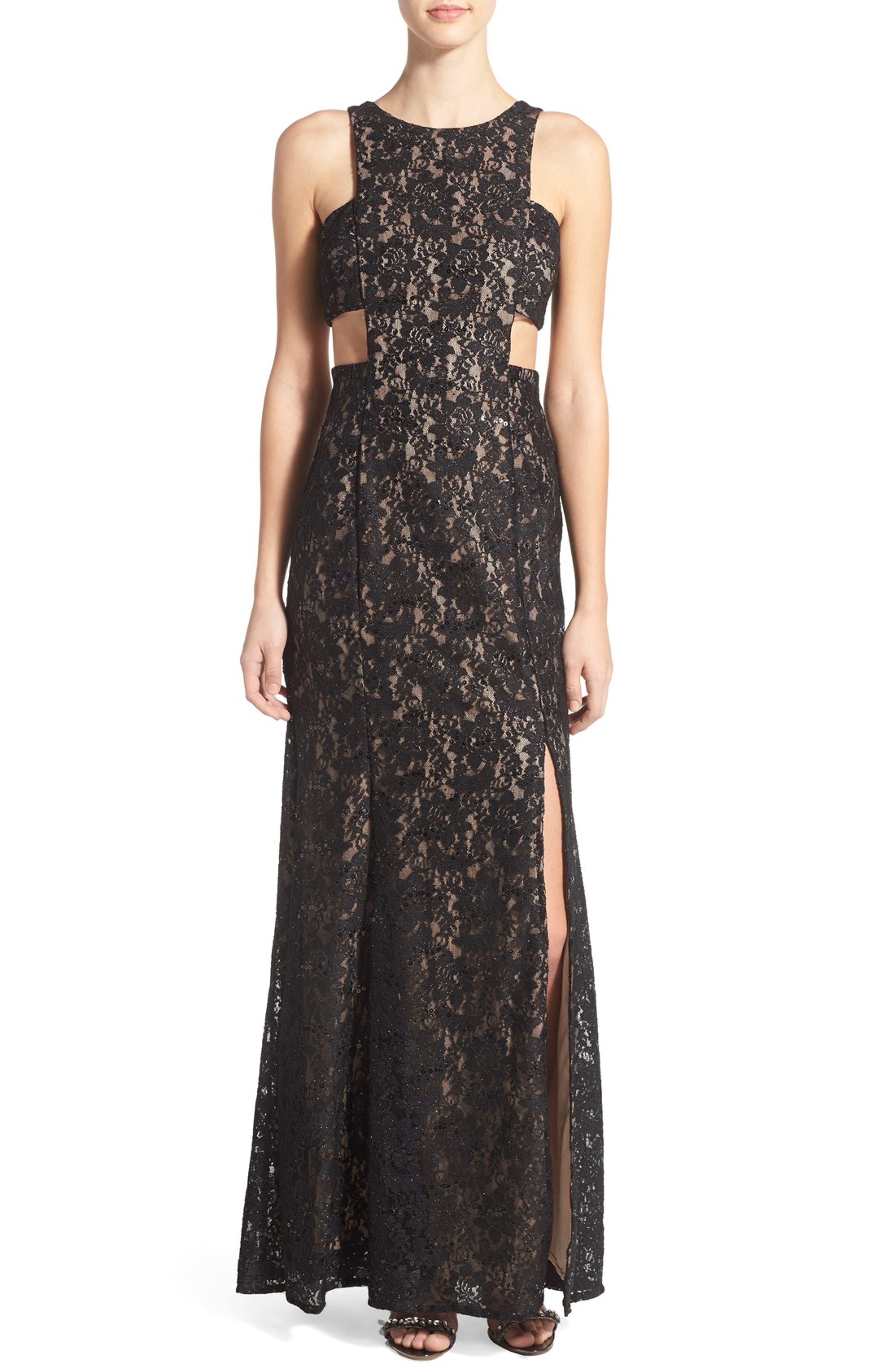 Morgan & Co. Side Cutout Lace Gown | Nordstrom