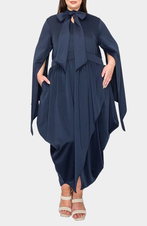 Shop L I V D Tina Cape Sleeve Tulip Hem Midi Dress In Navy