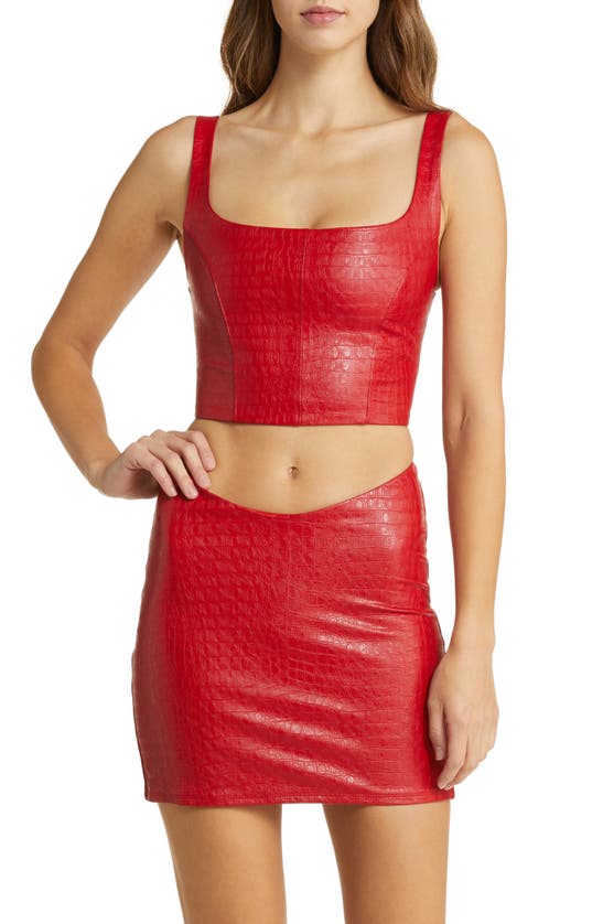 Naked Wardrobe The Crocodile Collection Croc Embossed Faux Leather Corset Crop Top In Red