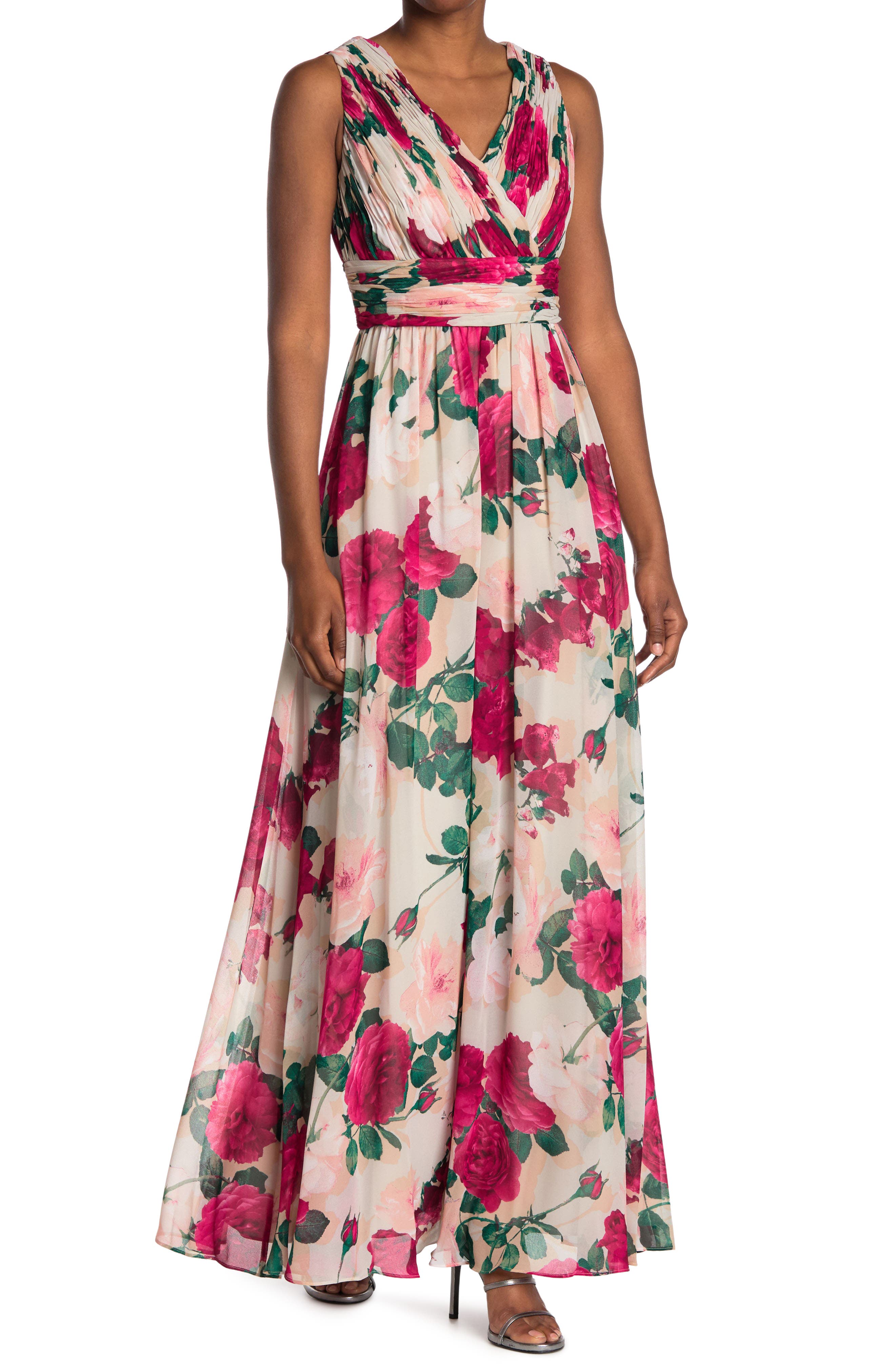 CALVIN KLEIN FLORAL PLEATED CREPE GOWN,194414160396
