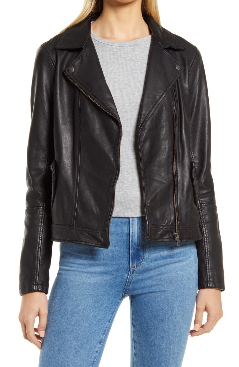 Caslon® Leather Moto Jacket with Removable Hood | Nordstrom