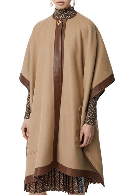 BURBERRY PYECOMBE LEATHER TRIM CASHMERE CAPE,8023662